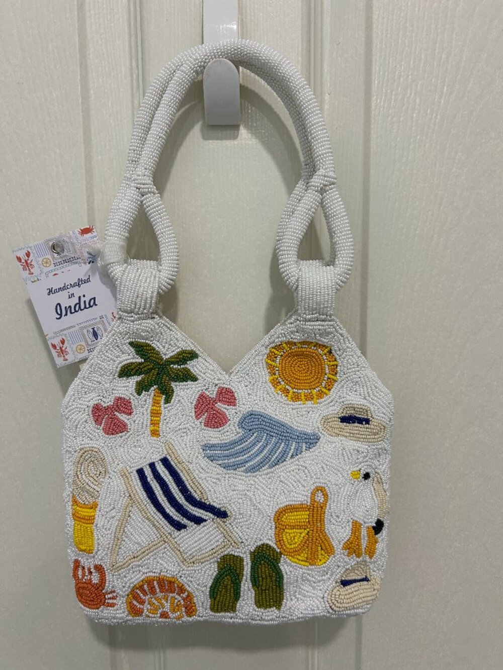 Beaded Summer Theme Bag Made in India Flip Flops Palm Trees Sun Crabs Ice Cream